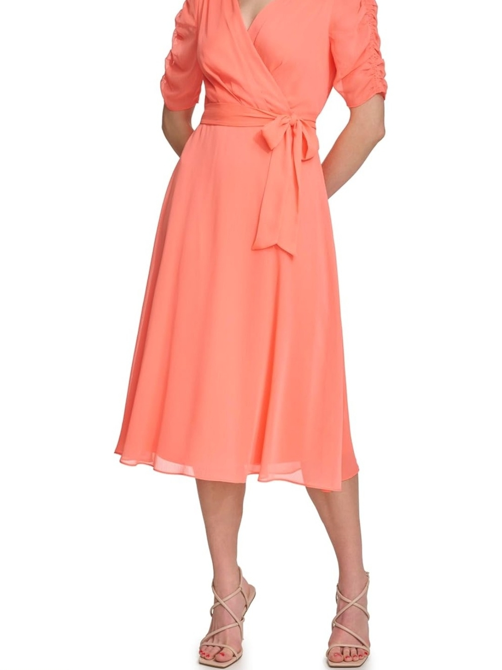 DNKY Wrap Midi Dress Coral Orange - Picture 5 of 14